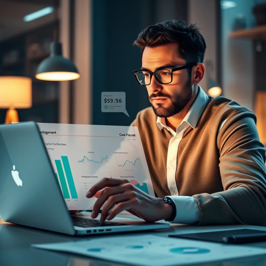 A budget management scene with a professional analyzing cost efficiency on a laptop, charts displaying cost reductions, and a thoughtful expression, representing financial optimization through scalable technology solutions.