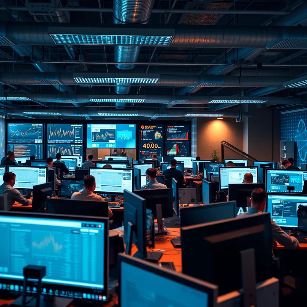 A detailed image depicting an office environment with multiple teams simultaneously working on their computers, various screens showing graphs and project statuses, emphasizing teamwork and efficiency in an open workspace.