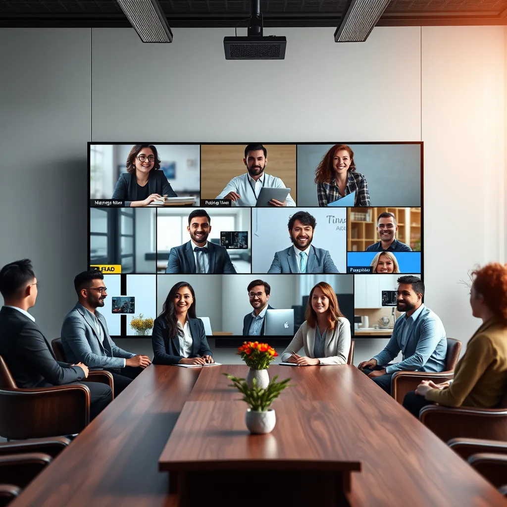 A diverse group of professionals in a video call on a large screen in a stylish conference room. Each participant is in different locations, like a home office or cafe, showcasing global collaboration. Emphasize teamwork and technology integration.