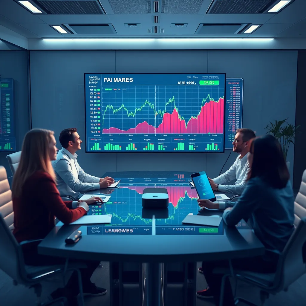 A dynamic scene showing a business team in a conference room around a table with a large screen displaying fluctuating market statistics. The focus is on a virtual server platform that adapts rapidly to changes. Highlight a digital transformation theme.