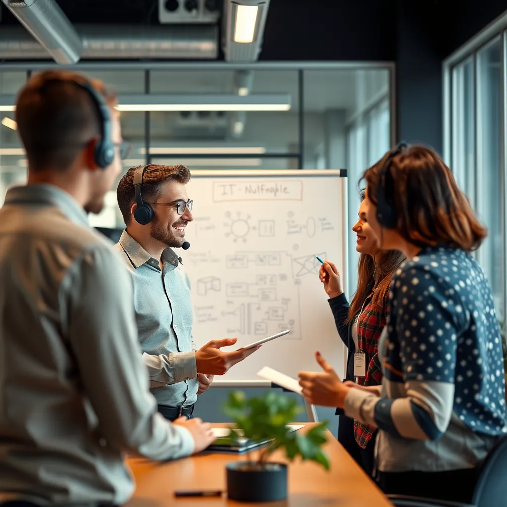 A friendly IT support specialist assisting a diverse group of clients in a modern office environment. The specialist is explaining technical issues with diagrams on a whiteboard, showcasing a collaborative atmosphere. The clients appear engaged and interested.