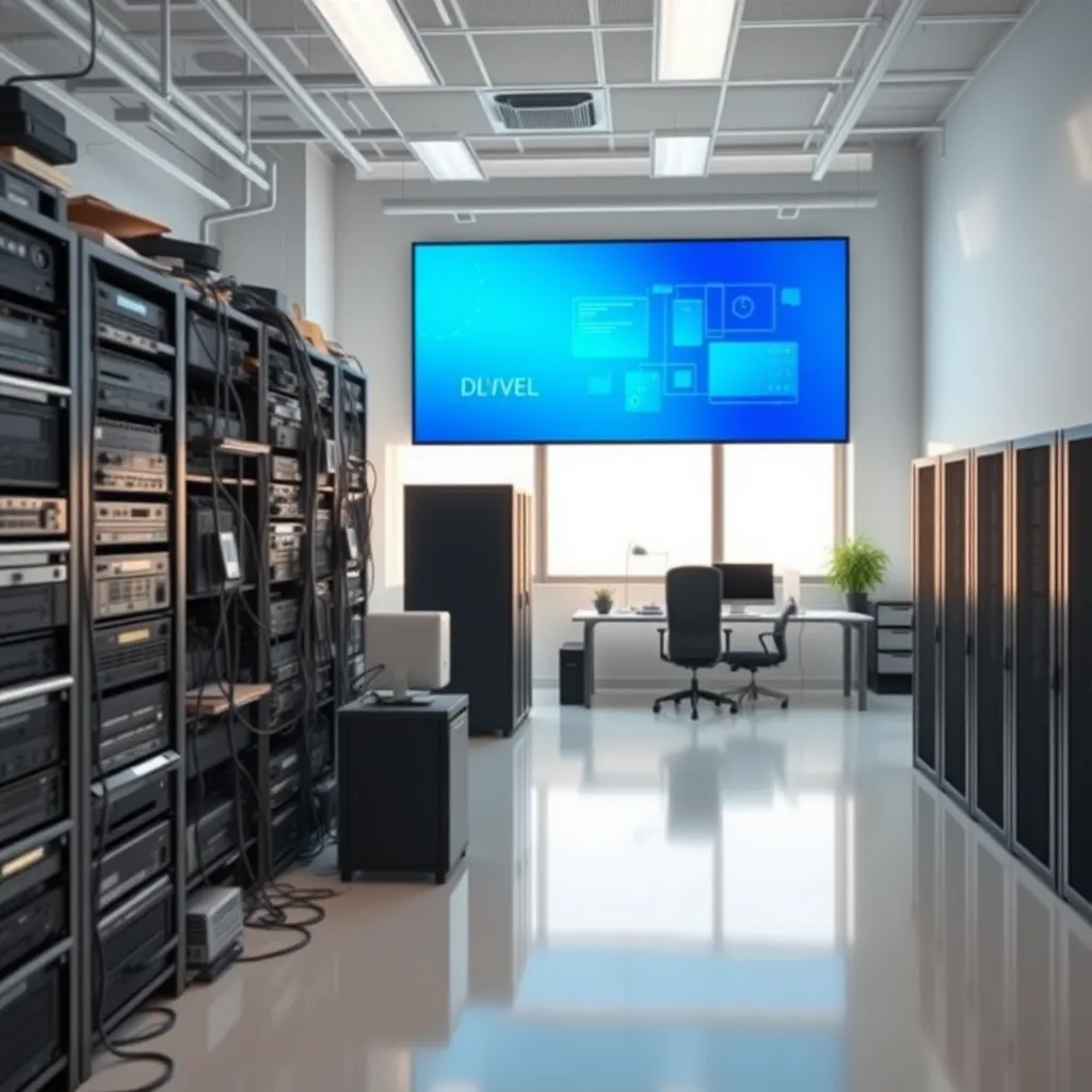 A modern office environment showcasing a comparison between a cluttered server room filled with old hardware versus a clean, minimalist workspace with virtual server graphics displayed on a large screen. The room is bright and organized, representing efficiency and cost-effectiveness, highlighting the concept of moving to virtual servers.