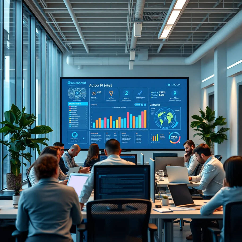 A modern office setting where employees are engaged in creative work or collaboration, while a digital screen displays automated server management, illustrating the efficiency gained from outsourcing IT needs.