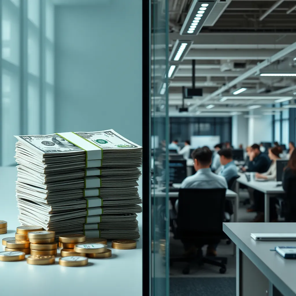 A split image showing a large stack of money on one side, representing savings, and on the other side a busy office environment with employees focused on their work, depicting a thriving business without the burden of high IT costs.
