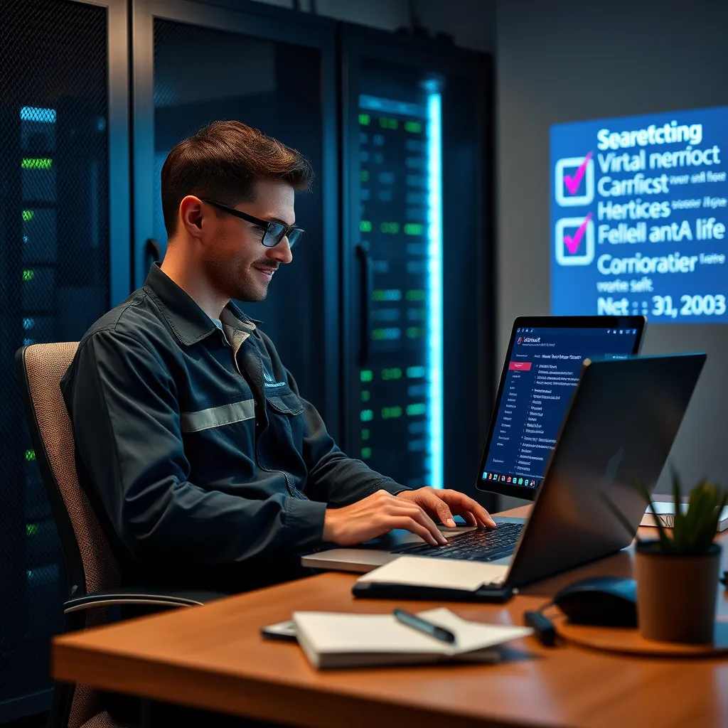 A technician sitting comfortably at a desk, working on a laptop with a virtual server interface on the screen, while a checklist for server maintenance is crossed out in the background. The scene conveys ease and simplicity in maintenance tasks.