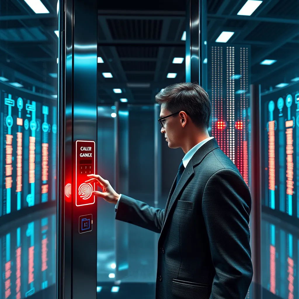 An image showing a digital security gate with high-tech biometric scanners. A professional individual is using a fingerprint scanner to gain access. The setting is sleek and modern, reflecting a secure digital environment.